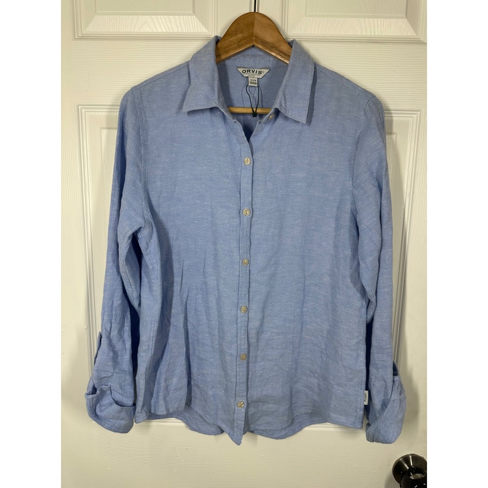 Orvis Button Down Womens S Blue Classic Collection Linen Blend Roll Tab Shirt